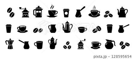 Set of black coffee items and equipment icons in silhouette isolated on white background, illustration. Concept of coffee drinks, mugs, beans, cups, coffee makers, barista tools, design elements 128595654