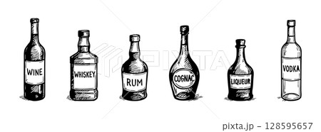 Black and white sketch of assorted alcohol glass bottles featuring wine, whiskey, rum, cognac, liqueur, and vodka isolated on white background. concept of beverages, alcohol, icon, art, design. 128595657