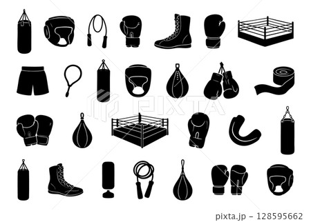 Black silhouette collection of boxing equipment and accessories isolated on white background, graphic illustration. concept of sports gear, fitness items, gym tools, design element set Black silhouette collection of boxing equipment and accessories isolated on white background, graphic illustration. concept of sports gear, fitness items, gym tools, design element set 128595662