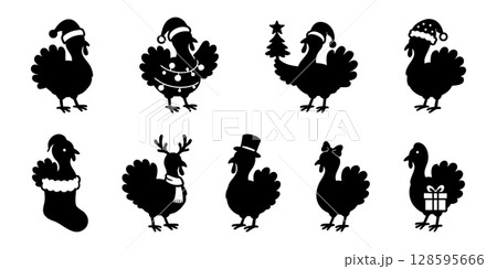 Set of Black silhouette of turkeys in various festive poses, graphic illustration. concept of holiday, christmas theme, santa hats, gifts, turkey decor, celebration design, Thanksgiving Set of Black silhouette of turkeys in various festive poses, graphic illustration. concept of holiday, christmas theme, santa hats, gifts, turkey decor, celebration design, Thanksgiving 128595666