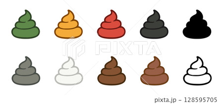 Set of colorful poop icons in various shades isolated on white background. concept of humorous design, poo, feces, fun elements, playful icons for creative projects, graphic illustration, collection 128595705