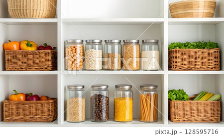 Organized kitchen pantry with jars and baskets showcasing fresh produce and dry goods 128595716