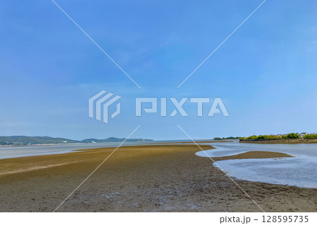 杵築市八坂川火口の干潟と別府湾 128595735