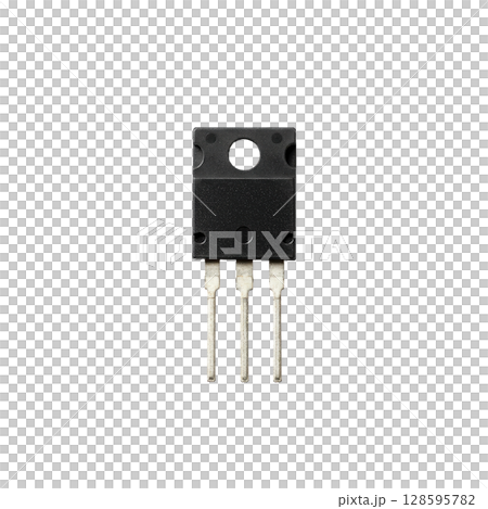 A single black power transistor electronic component with three silver metal conductor leads A single black power transistor electronic component with three silver metal conductor leads 128595782
