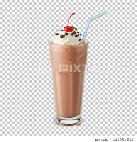 Chocolate milkshake with whipped cream and cherry a refreshing cold dessert beverage in a glass 128595812