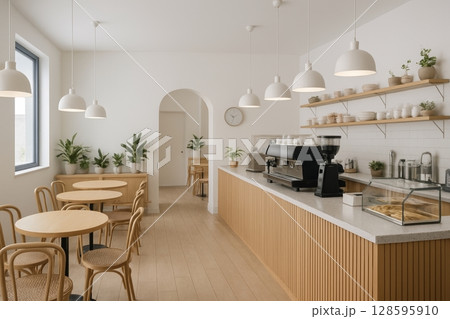A Bright, Minimalist Cafe Interior Featuring Cozy Seating Arrangements and Modern Decor, Perfect for Relaxing and Enjoying Fresh Brews 128595910