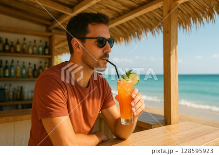 Young Caucasian man enjoying refreshing tropical cocktail at beach bar overlooking the ocean during sunny day. Concept of relaxation, vacation, and leisure in paradise Young Caucasian man enjoying refreshing tropical cocktail at beach bar overlooking the ocean during sunny day. Concept of relaxation, vacation, and leisure in paradise 128595923