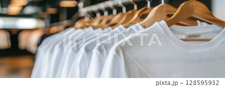 A Modern Retail Display Showcasing a Clean Array of White T-Shirts Hung on Wooden Hangers in a Stylish Boutique Environment, Wide banner 128595932