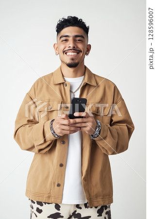 Young Man Smiles While Holding Smartphone and Dressed in Casual Fashion Against Neutral Background 128596007