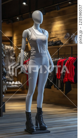 Stylish White Mannequin Showcasing Modern Athletic Wear in a Trendy Retail Store 128596037