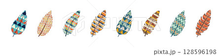 Set of Colorful Decorative Feathers Isolated on White Background. Collection of Artistic Bird Feathers with Geometric and Abstract Patterns. Concept of Boho, Nature Art, Graphic Clipart for Design 128596198