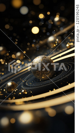 Digital Art Depicting Celestial Spheres Surrounded by Glowing Particles in a Dark Cosmic Environment 128596248