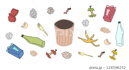 Set of Garbage Bin with Various Waste trash Items. Crumpled Paper, Banana Peel, Apple Cores, Broken Bottles. Concept of Recycling, Waste Management, Environmental Awareness, Cleanup. White Background 128596252