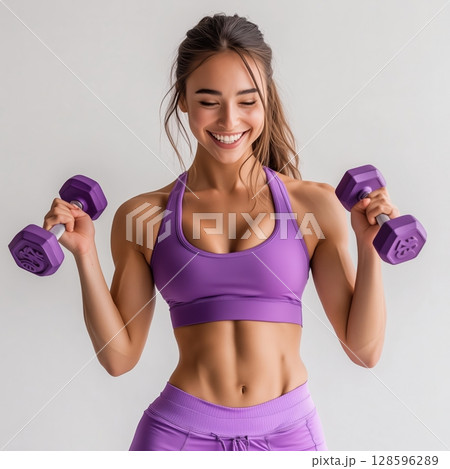 Young Woman Exercising With Purple Dumbbells in a Fitness Studio During Daytime 128596289