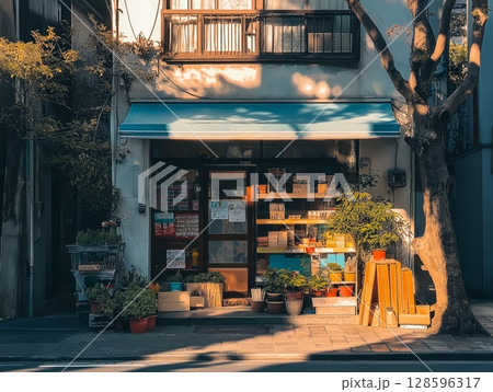 Charming Bookstore With Colorful Displays and Sunlight in a Quiet Urban Street During Late Afternoon 128596317