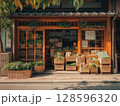 Charming Market Scene With Fresh Herbs and Plants Displayed Outside a Traditional Wooden Storefront in a Sunlit Afternoon 128596320