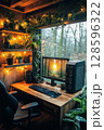 Cozy Workspace Surrounded by Plants With a View of a Forest at Sunset 128596322