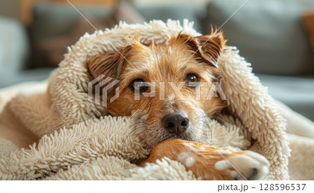 Terrier dog in fawn color, laying under a blanket on a couch 128596537