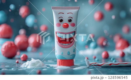 A tube of toothpaste with a smiling face in electric blue font 128596545