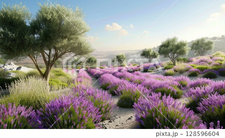 Violet flowers bloom in a field with trees and grass under a cloudy sky 128596604