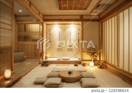 A wooden round table is the main fixture in the interior design of the room A wooden round table is the main fixture in the interior design of the room 128596624