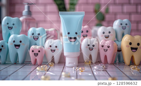 A pink tube of toothpaste with a fun font is surrounded by smiling teeth 128596632