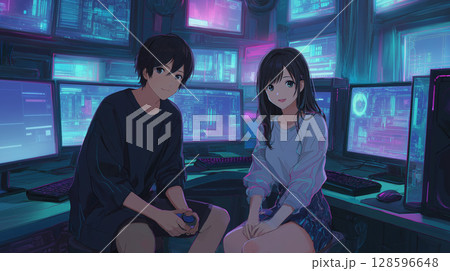 アニメ調 ゲーミングPCを操作しながら微笑むカップル 128596648