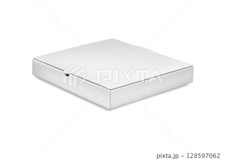 Vector 3d Realistic Pizza Box Mockup. Realistic White Pizza Box Template. Blank Pizza Box Packaging for Branding, Front View. Cardboard Pizza Box Illustration for Delivery, Food Container 128597062