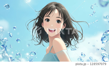 アニメ調 弾ける水しぶきと笑顔の女性 128597079