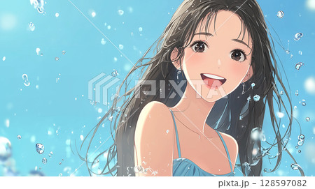 アニメ調 弾ける水しぶきと笑顔の女性 128597082