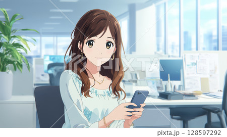 アニメ調 スマホを操作しながら微笑む少女 128597292