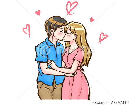 抱き合ってキスする男女のカップルのイラスト素材 128597315