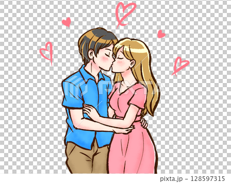 一對情侶擁抱和親吻的插畫素材 128597315