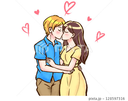 抱き合ってキスする男女のカップルのイラスト素材2 128597316