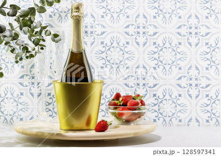 Summer holiday still life with bottle of champagne and fresh strawberries in a glass bowl on wooden podium opposite tile wall. Dating or love concept. Womans day, birthday or valentines day Summer holiday still life with bottle of champagne and fresh strawberries in a glass bowl on wooden podium opposite tile wall. Dating or love concept. Womans day, birthday or valentines day 128597341
