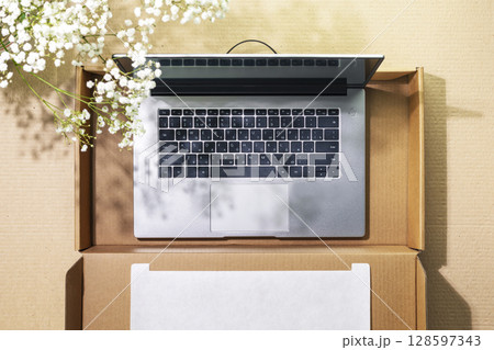Buying and delivering new technics. Romantic sustainable overhead shot of laptop in cardboard box on cardboard background with white spring flowers and shadows. Flat lay Buying and delivering new technics. Romantic sustainable overhead shot of laptop in cardboard box on cardboard background with white spring flowers and shadows. Flat lay 128597343