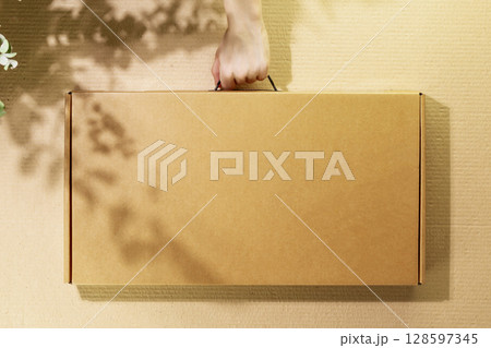 Eco friendly shopping and delivery service concept. Sustainable life style with cardboard box in delivery man hand on cardboard background. Plastic free and eco packaging. Mockup, copy space 128597345