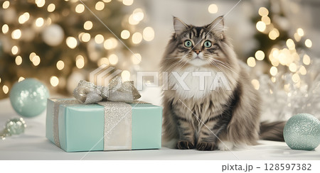 Gorgeous fluffy cat with bright eyes sits next to wrapped gift with bow on festive background with blurred lights of garland Gorgeous fluffy cat with bright eyes sits next to wrapped gift with bow on festive background with blurred lights of garland 128597382