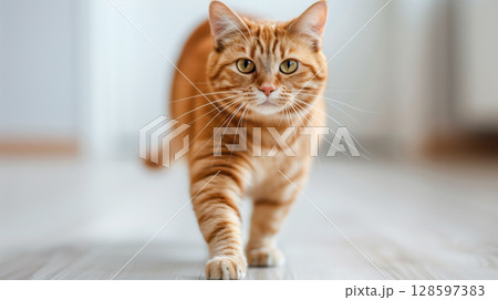 Charming ginger tabby cat walking forward, set against blurred background Charming ginger tabby cat walking forward, set against blurred background 128597383