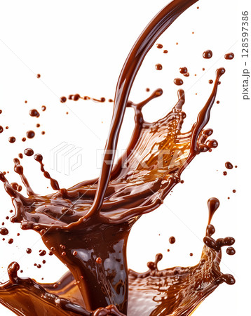 Close-up dynamic splash of liquid chocolate contrasts beautifully with the clean white background 128597386