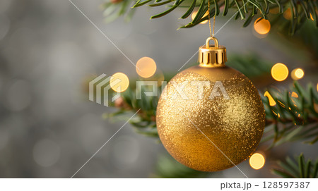 Close-up view of gold New Year tree bauble with blurred festive background 128597387