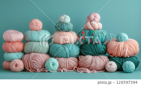 Multicolor yarn balls in the light teal backdrop 128597394
