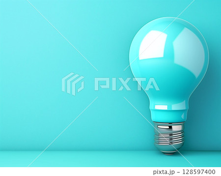 Light bulb on bright blue background with copy space. Electricity, power, energy banner 128597400