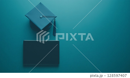Top view of a graduation cap and laptop on a teal background, ideal for a banner promoting distance learning and online courses, with ample space for text 128597407