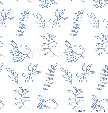 Blue outline lemon seamless pattern. Olive branch with lemon hand drawn pattern. Blue outline lemon seamless pattern. Olive branch with lemon hand drawn pattern. 128597451