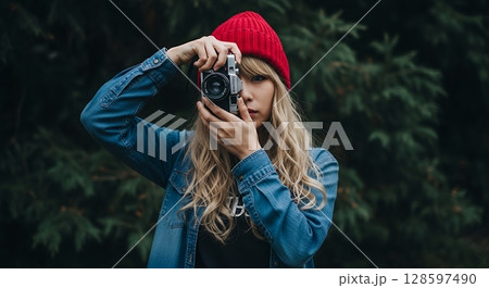 カメラを構える女性 128597490