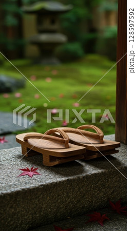 Japanese geta wooden sandals on a stone step with red maple leaves in a serene autumn garden 128597592