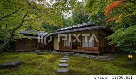 Traditional japanese house surrounded by a beautiful and serene moss garden with a stone path Traditional japanese house surrounded by a beautiful and serene moss garden with a stone path 128597611