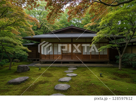 A tranquil traditional japanese house sits in a lush moss garden with autumn maple trees 128597612