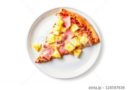 Slice Of Hawaiian Pizza With Ham And Pineapple On White Plate Isolated On Clean Background. Concept Of Bold Food Styling, Fast Casual Dining, And Tasty Visuals For Delivery Or Menu Design 128597636